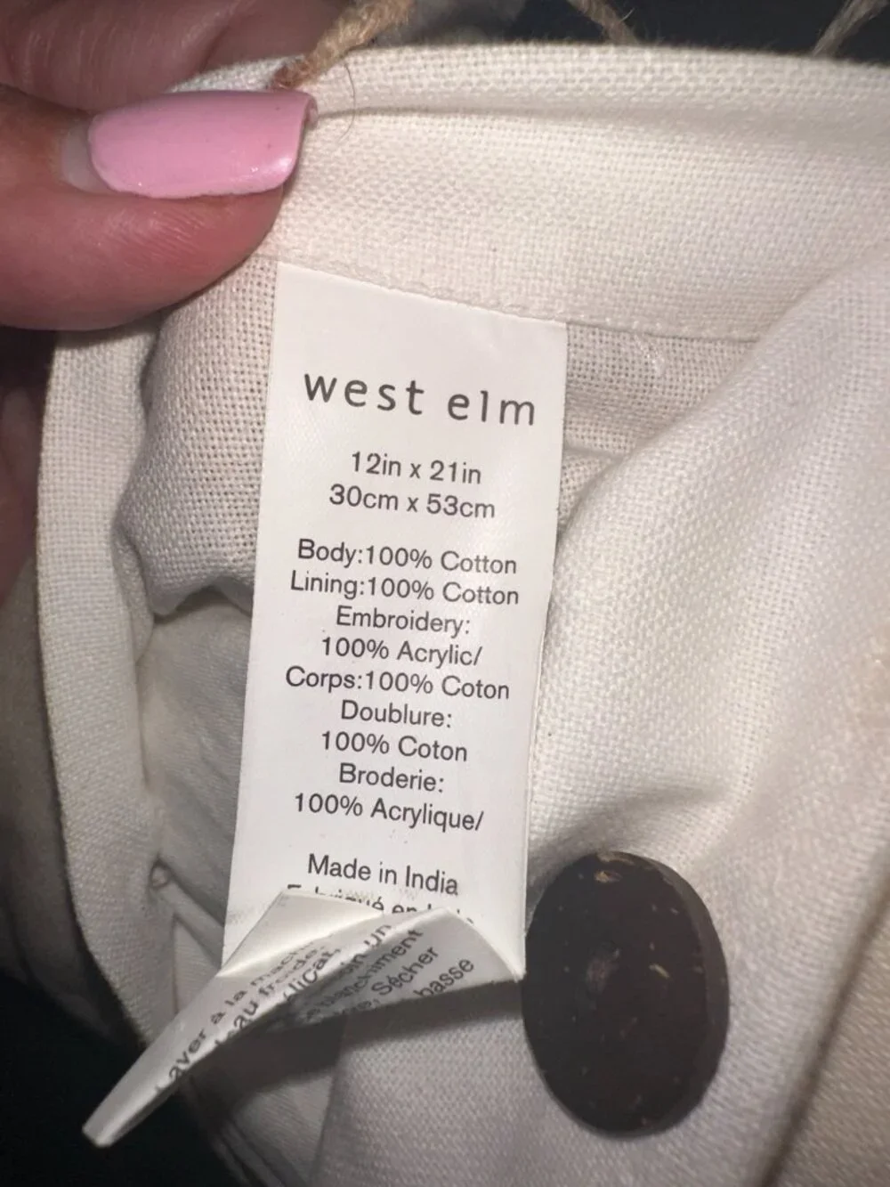 West Elm Decorative Throw Pillow Cover Neutral Cream Button Back